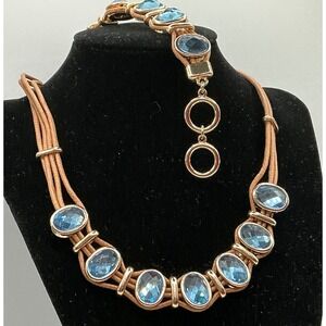 St Thomas Gold Tone Blue Gem Demi Parure Tan Cord Leather Style
